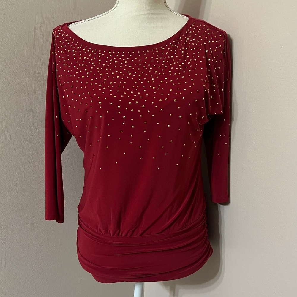 White House Black Market Blouse with Gold Studded Accents. Stretchy, ruched